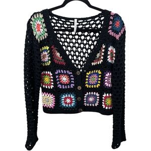 Dreamers by Debut Boho Crochet Granny Square Cardigan Sweater Small Black